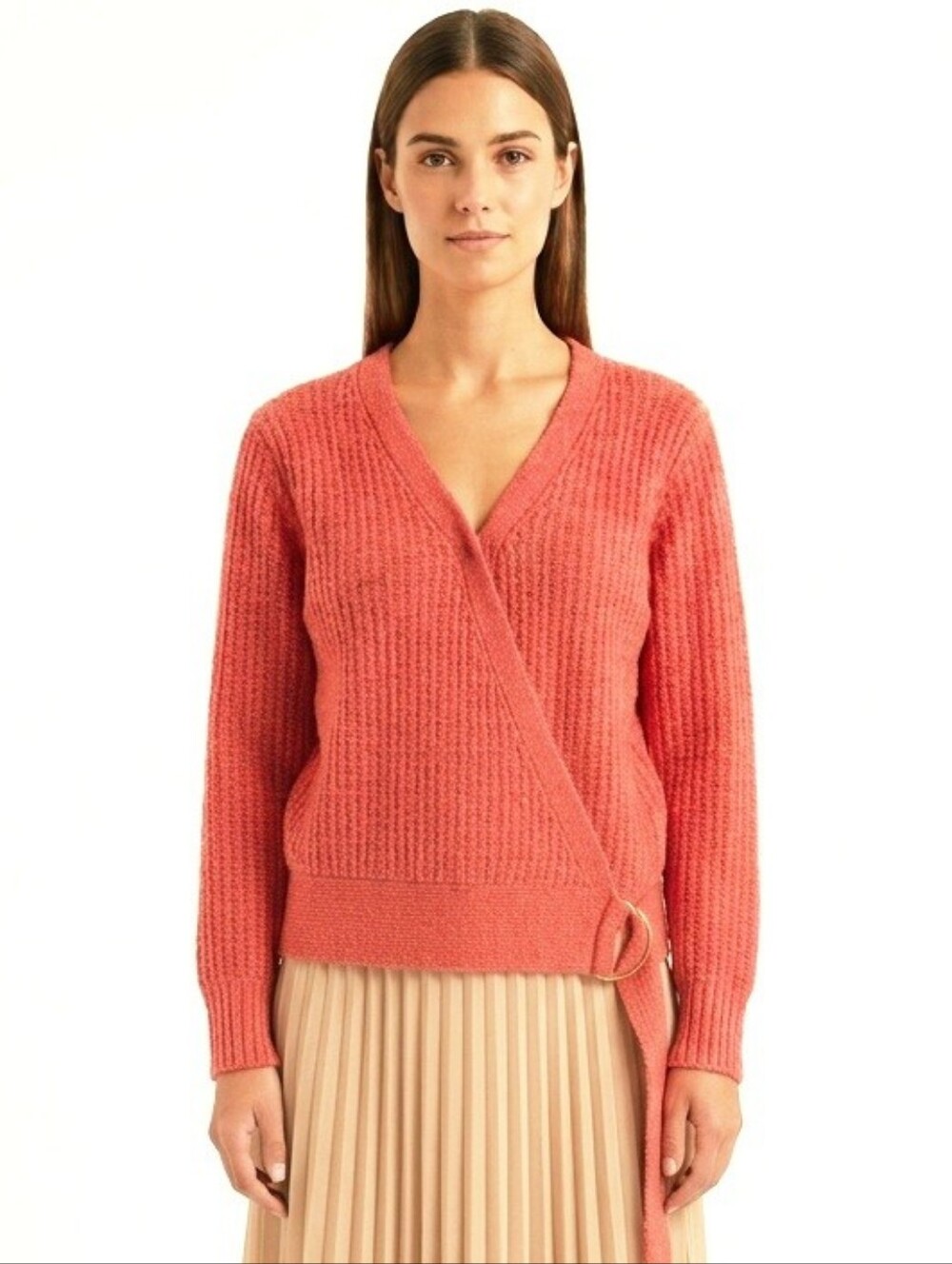 MONTGOMERY POST Surplice Neck Long Sleeve Wrap Sweater with Goldtone Buckle NWT